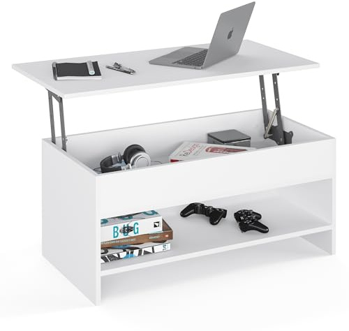 KOMTO Couchtisch Höhenverstellbar - Wohnzimmertisch mit Stauraum Aufklappbar Sofatisch für Wohnzimmer Kaffeetisch Stubentisch Weiß | Coffee Table Tokyo 98,4 x 50,4 x 48