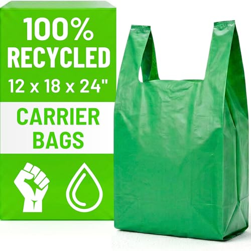 PWgoods 100% Recycled Plastic Carrier Bags - Green, Jumbo 12 x 18 x 24, Heavy Duty 28mu, 200 Pack, Easy Tie Handles, Takeaway Shopping Retail Grocery Bin Bag