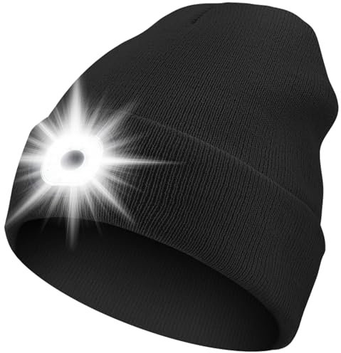 ZONSUSE Mütze mit 6 Led Licht,LED Winter Beanie,Beleuchtete Laufmütze,Strickmütze mit Stirnlampe,Abnehmbar,USB Aufladung, 3 Helligkeiten,für Herren Damen Nachtlauf Camping Reiten Angeln (Schwarz)