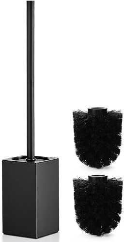 HOUHA Klobürste Toilettenbürste WC Bürste Edelstahl mit Toilettenbürstenhalter, 2 Bürstenköpfen, Schnell trocknendes Design Schwarz