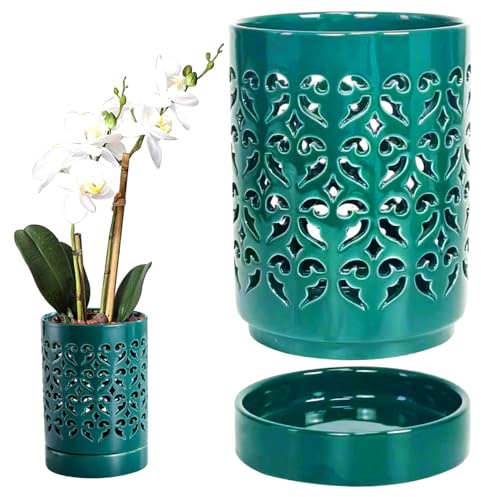 CNAFGBGG Pots à orchidées avec trous de 10,2 cm, pots à orchidées respirants pour rempotage - Pot de fleurs en céramique avec soucoupe pour orchidée - Favorise la circulation de l'air - Vert