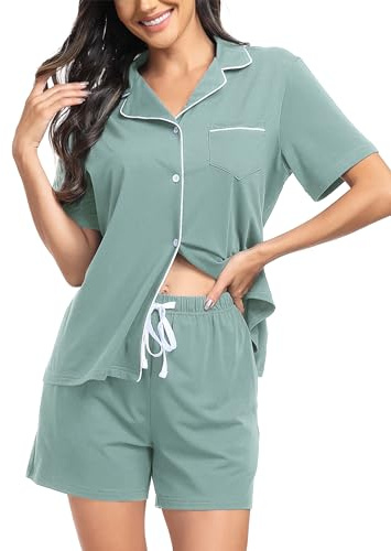 Lovasy bomullspyjamas för kvinnor button-down dampyjamas kort pyjamasset med fickor, A-ljusgrönt, L