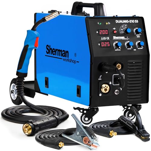 Sherman DUALMIG 210 S3 - Saldatrice a Filo Continuo con Gas da 200A - Modalità di Saldatura TIG DC, Induttanza, Saldobrasatura e MMA - Saldatrice Inverter Professionale con Carrello
