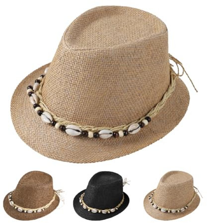 ITODA Strohhut Sommer Fedora mit Muschel Strohmütze Geflecht Trilby Hut Damen Herren Sommerhut UV Schutz Sonnenmütze Einstellbar Melonenhut Boho Mode Fascinator Sommermütze Strand Outdoor Reise Khaki
