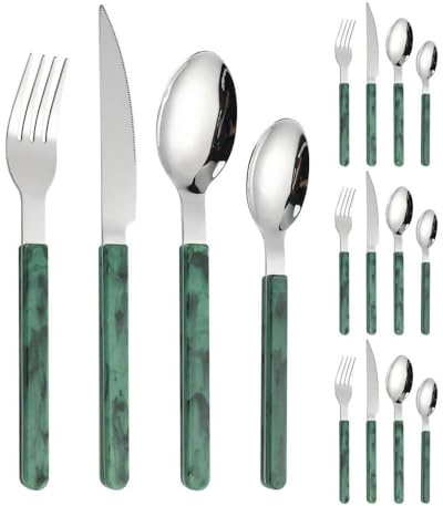 Royal Shang Youpin Retro Estilo Chino PP Mango Cocina Vajilla De Acero Inoxidable Cubiertos Juego De Cubiertos Cuchillo Para Carne Tenedor Cuchara Cucharita (Verde oscuro,16 piezas)