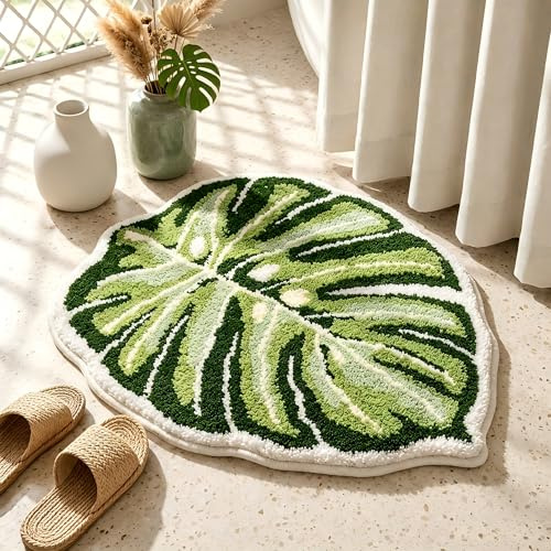 Softania Leaf Rug Flower Monstera Plant Shaped Bath Rug - Cute Small Green Bath Mat Bathroom Rug Non Slip, Water Absorbent, Machine Washable