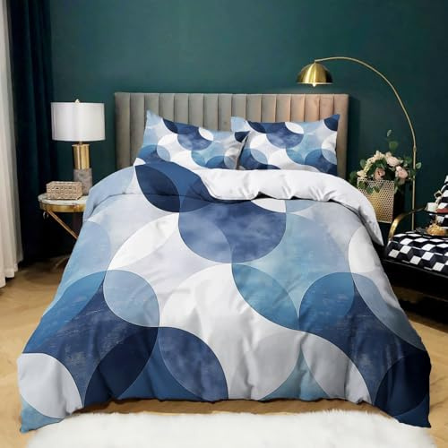 Bleu et Blanc Parure de Lit 180x200 cm Motif Géométrique Cercles Abstrait Housse de Couette, Douce Microfibre Ensemble de Literie avec Fermeture Éclair et 2 Taies d'oreiller 65x65 cm pour Garçon Fille