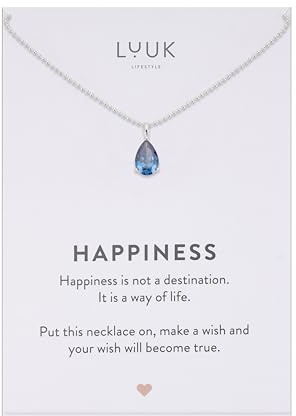 LUUK LIFESTYLE Zirkonia Kristall Halskette, Schwarz|Lila|Rosa|Grün|Rot Edelstein, Kunststein, Geburtstein, Edelstahl Kette, 50cm verstellbar, wasserfest, Geschenk für Sie, mit HAPPINESS Spruchkarte