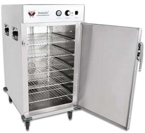 Beeketal 'BWHS-5' Gastro Wärmeschrank aus Edelstahl mit 5 Fächern, Ablaufhahn, Transportgriffe, 4 x 360° Drehrollen mit Feststellbremsen, Temperatur 30-110 °C, inkl. 5 Gitter (verchromt)