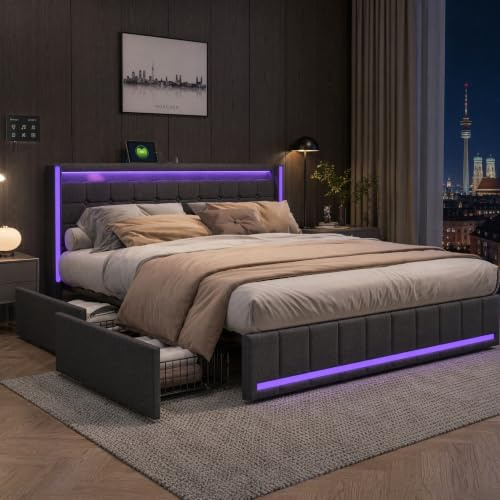 DADEA Polsterbett 160x200 mit 4 Schubladen, Doppelbett mit LED und USB, Funktionsbett 160x200 mit Stauraum Jugendbett mit Bettkasten Stauraumbett mit Schubladen Beleuchtung Betten mit Lattenrost