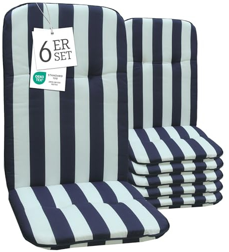 Beo Hochlehner Auflagen Waschbar Capri | Made in EU nach Öko-Tex Standard | Atmungsaktive und UV-beständige Gartenstuhlauflagen Hochlehner mit Halteband | Blau-Weiß gestreifte Auflagen Hochlehner
