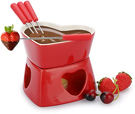 BSTKEY Ceramic Chocolate Fondue Pot Butter Warmer, Heart Shape 320ml Cheese Fondue Set Milk Cheese Warmer Tea Light Candle Fondue Pot Set with 4 Red Forks (Red)