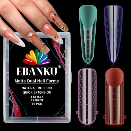 EBANKU 96PCS Poly Gel Nagelformer, Återanvändbara Dual Forms för Polygel Flerfärgad Matt Stiletto Mandel Square Nagelform Akryl Nagelförlängningsverktyg för Hemsalong Nagelmanikyr, 4 Stilar