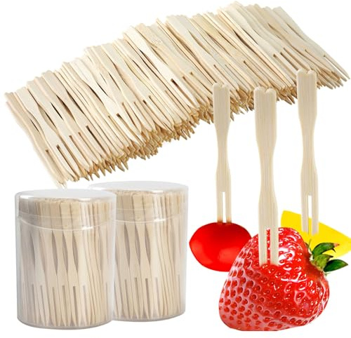 KUAOOAUK 400 PCS Mini Bamboo Forks, 3.5 inch Disposable Cocktail Forks, Fancy Toothpicks for Appetizers with Case, Small Wooden Food Picks for Charcuterie Boards Accessories Fruits Party Supplies