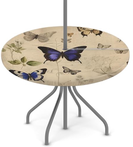 Woltant Tovaglia rotonda con foro per ombrellone e cerniera, facile da pulire, con bordi elastici, protezione per tavolo da giardino, patio, barbecue (farfalla vintage)
