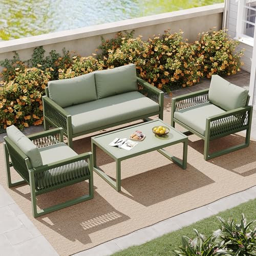 4 Sitz Gartenmöbel-Set aus Seilgeflecht – Lounge-Set mit Zweiersofa, Sesseln & Couchtisch – Verzinkter Eisenrahmen,Sitzkissen, verstellbare Füße, gehärtete Glasplatte – Für Garten & Terrasse (Grün)