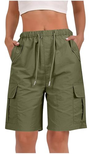 RLEHJN Cargo Shorts Women UK Sale Clearance, Ladies Bermuda Shorts Baggy Short Cargo Pants with Multiple Pockets Summer Drawstring Elasticated Waist Half Pants for Outdoor Hiking Work Travel Golf