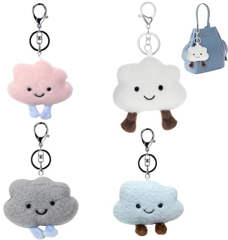 IFUDE 4 Stück Smile Wolken Schlüsselanhänger Plüsch, Niedlich Taschenanhänger für Damen Kawaii Keychain Weiß Student Rucksäcke Anhänger