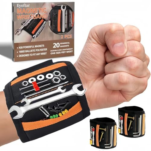 Pulsera magnética (paquete de 2) – Cinturón de herramientas resistente de 20 imanes para bricolaje y construcción manos libres, sostiene tornillos, clavos, puntas | Regalo ideal para hombres, mujeres