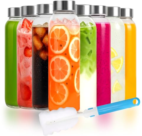 8 Pack Glass Water Bottles with Lids, 500ml Clear Glass Juice Bottles with Lids, Leak Proof Reusable Safe Glasses Bottle, for Juicing,Smoothie, Cold&Heat Drinks, Milk, with Cleaning Brush
