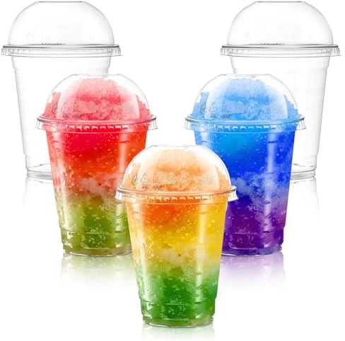 Smoothie-Becher aus Kunststoff mit Kuppeldeckel: 50 Stück, 340 ml, starke, transparente Kunststoffbecher für Milchshakes, Smoothies, Eiskaffee, Slusly und Bubble Tea – wiederverwendbare Becher
