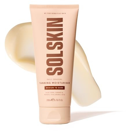 SOLSKIN Gradual Medium-Dark Tanning Moisturiser with Aloe, Hyaluronic Acid & Vitamin E, Hydrating Daily Body Lotion for Sensitive Skin, Buildable, Gradual Tan, Streak-Free, Vegan & Non-Greasy, 200 ml