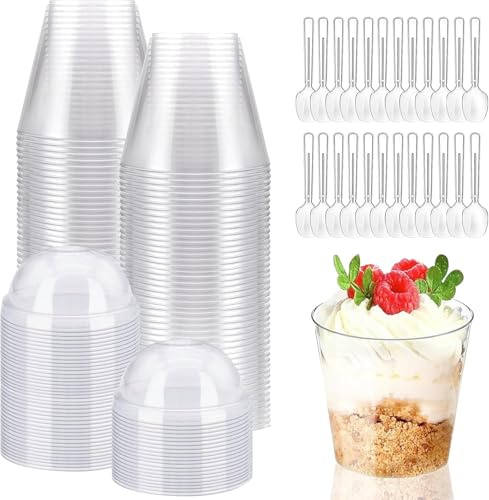 Tasses à Dessert, 50Pcs 210ml/7oz Coupes Gobelets Mini Tasses à Dessert Gobelets Verrines à Dessert Réutilisables avec couvercles pour Mousse,Tiramisu,Anniversaire