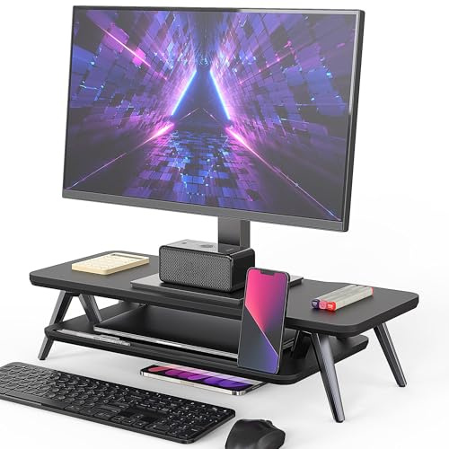 Fenge Skrivbordsskärmstativ med inbyggt fack för mobiltelefon, surfplatta och penna, trä- och metallskärmshöjare för PC, bärbar, TV, hem och kontor (svart, 60 cm)