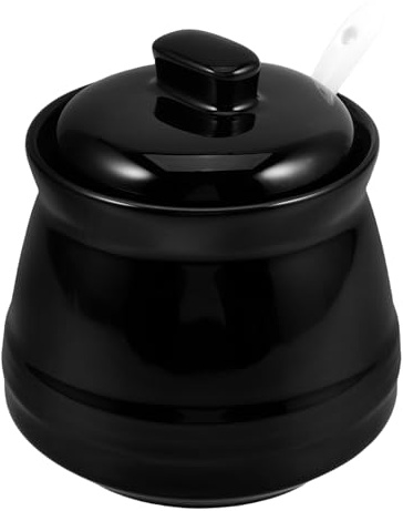 LALADEFIEE Pot à Sucre en Céramique Noir 350 Ml avec Cuillère Doseuse Boîte Hermétique pour Conservation Optimale Pot à Épices et Condiments Compact Cuisine et Rangement Pratique