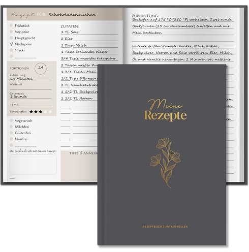 BIROYAL Rezeptbuch zum Selberschreiben A5 mit Zutatenersatztabelle | Hardcover Kochbuch mit Umrechnungstabelle & Saisonkalender, 120g Dickes Papier, Platz für 100 Rezepte, Doppelseite pro Rezept