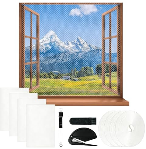 4er-Set Insektenschutz für Fenster 130x150cm, Zuschneidbares Fliegengitter mit 4 Rollen selbstklebendem Klettband, Moskitonetz ohne Bohren – Weiß
