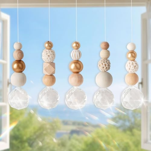 Acchiappasole in cristallo, 5 pezzi, con perline di legno e sfera di cristallo, decorazione per finestre, casa, ufficio, giardino, fai da te