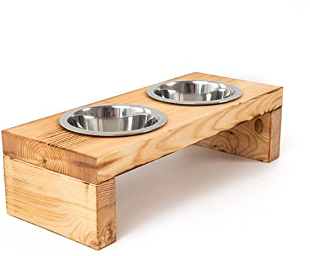 Woodworms Futterstation mit 2x 800ml Edelstahlnäpfen, handgemachte Echtholz Hundebar, Hundenapf für kleine und mittlere Hund