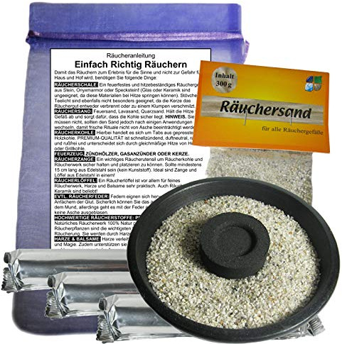 Räucherschale 10cm aus Naturstein zum Räuchern | 7-tlg Zubehör SET mit 3 x Rollen (30 Tabs) Premium Räucherkohle + Räuchersand + Stoffbeutel | 81809-2S