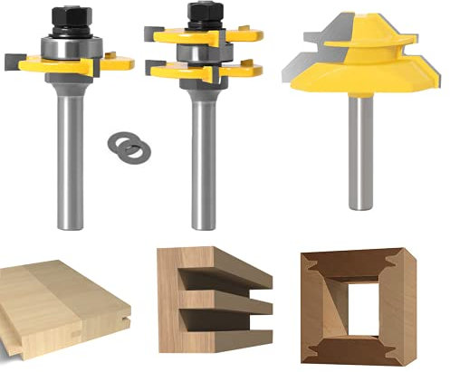45 Grad Lock Mitre Router Bit, APLUS Holzfräser, Nutfräser + 8 mm Schaft Zungenschaft und Nutfräse Set 3 Zähne in T-Form Cutter aus Holz für Holzarbeiten