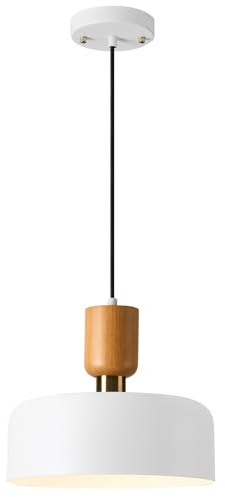 TeHenoo Modern Pendant Light,12 inch,Natural Wood and Brass Accent,Adjustable Simple Pendant Light Fixture for Kitchen Island, Dining Room, Matte White