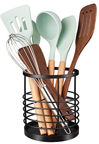 RedCall Utensil Holder for Kitchen Countertop,Metal Spatula Holder,Cooking Utensil Holder for Spoon,Wire Utensil Organizer,Stainless Steel Round Utensil Caddy Crock Flatware Storage Counter (Black)