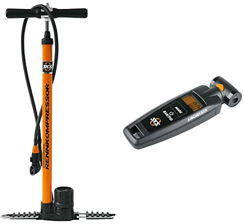 SKS GERMANY RENNKOMPRESSOR Standpumpe, Fahrradpumpe (Luftpumpe mit Metallrohr & Gusseisenfuß, hochwertiges Präzisionsmanometer, Schlauchanschluss wählbar, Druck max.: 16 bar, 230 PSI), orange