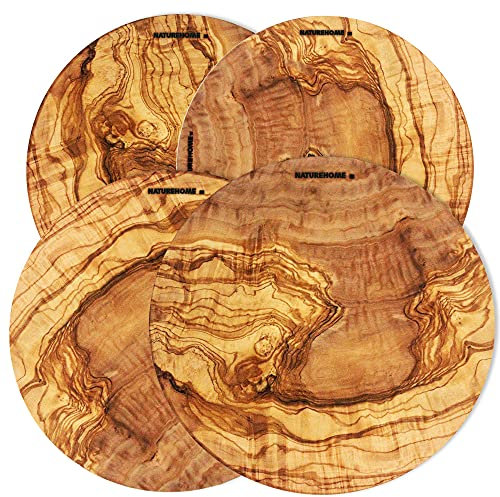 NATUREHOME Juego de 4 platos para pizza de madera, redondos, 30 cm, madera de olivo, platos de madera maciza para pizza y pasteles de llama