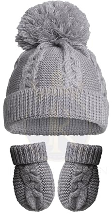 Royal Icon Baby Knitted Pom Pom Hat With Mittens Baby Boys Girls Winter Hat Mittens Set Cable Knit Single Pom Pom Bubble Hat Colours Available NB-12 Months RI6512