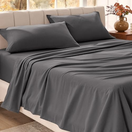 Bare Home Organic Cotton Flannel Sheet Set - Queen Size - 100% Cotton - Double Brushed for Extra Softness & Comfort - Warm, Cozy, and Durable - Breathable - Bed Sheets (Queen, Grey)