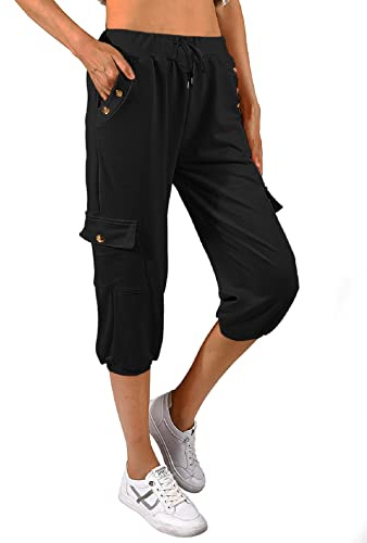 TOMEEK Pantaloni Donna Capri Estivi Casual Vita Alta 3/4 Sportivi Donne Pantaloni Jogger Baggy con Coulisse e Tasche Piede del Fascio Tuta(Nero,XXL)