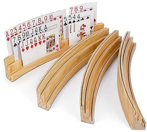 LotFancy Playing Card Holders for Kids Adults Seniors, Set of 4, 3-Tier Curved Wooden Card Holder for Family Card Game Night, Canasta, Bridge, Poker Parties, Hands Free