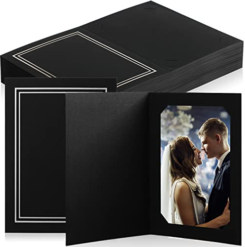 Fainne 100 Pcs Photo Folders for 4x6 or 5x7 Pictures Photo Frame Note Cards Paper Greetings Cardboard Picture Frame Inserts Cards Picture Insert Notecard for Portraits(Black, Silver Lining)
