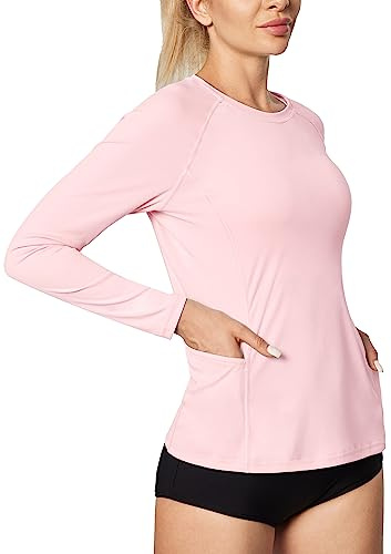 IUGA Rash Guard for Women UPF 50+ SPF UV Protection Long Sleeve Workout Tops with Pockets Dry Fit Hiking Swim Shirt Pink
