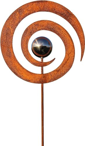 Bornhöft Gartenstecker Blume Metall Gartendeko Rost Edelrost rostiger Beetstecker 110cm Deko Rostfigur für den Garten mit Edelstahl Kugel (Kreisel Edelstahl)