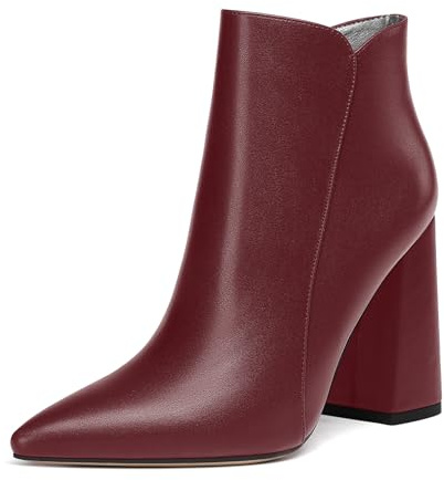 AMBELIGHT Women's Matte 4 Inch Block High Heel Solid Cold Weather Ankle High Pointed Toe Zip Party Boots Burgundy Size 8 - Sandalias de Vestir Tacon Bajo