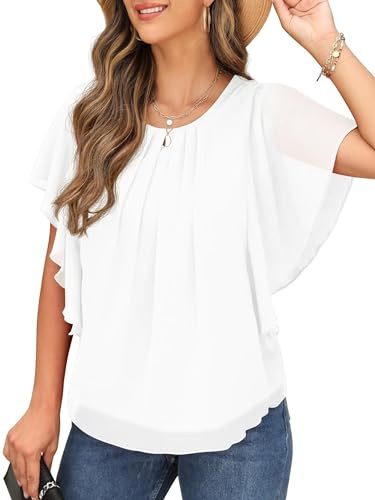 QIXING Chemisiers et Blouses Femme Manche Courte T Shirt d'été Décontracté à Manche Chauve-Souris et Col Rond en Mousseline de Soie pour Femme Haut Femme Mode