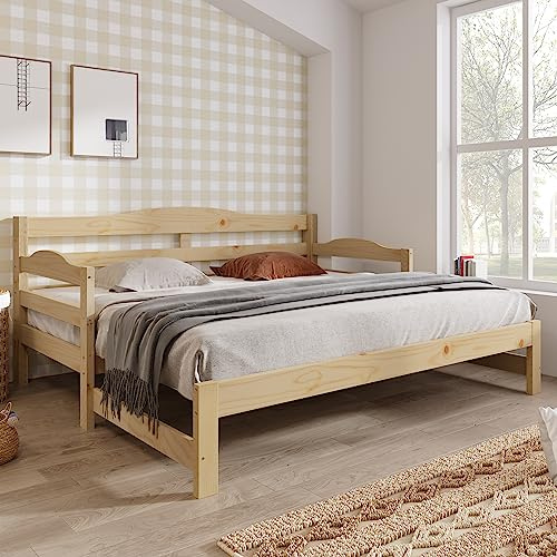Merax Pull out Sofa Bed with Extendable Unit | Versatile Daybed For Adults Kids Teenagers | Modern Trundle Bed With Curved Side Panels and Back | 90x190cm Natural