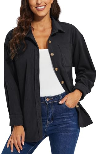 TACVASEN Womens Corduroy Shirt Spring Casual Soft Shacket Fashion Long Sleeve Button Down Jacket Fit Coat Black,M
